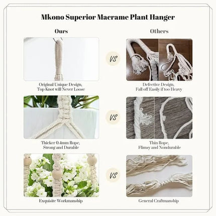 3 pcs Bohemian Plant Hanger for Indoor Plants with Braided Rope Beads and Lace Decoration, 35 Inch, White.