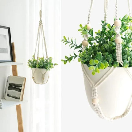 3 pcs Bohemian Plant Hanger for Indoor Plants with Braided Rope Beads and Lace Decoration, 35 Inch, White.