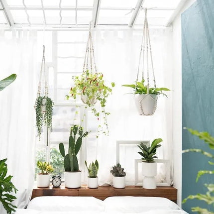 3 pcs Bohemian Plant Hanger for Indoor Plants with Braided Rope Beads and Lace Decoration, 35 Inch, White.