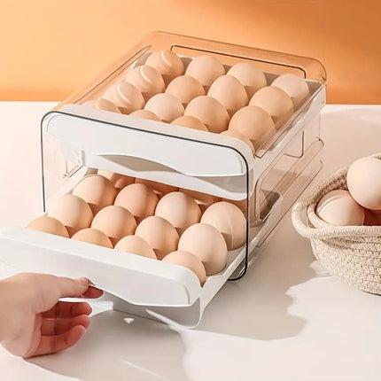 32-pcs XL Egg Storage Container, White, Transparent Double Layer Egg Holder for Refrigerator, Stackable Egg Dispenser.