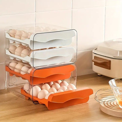 32-pcs XL Egg Storage Container, White, Transparent Double Layer Egg Holder for Refrigerator, Stackable Egg Dispenser.