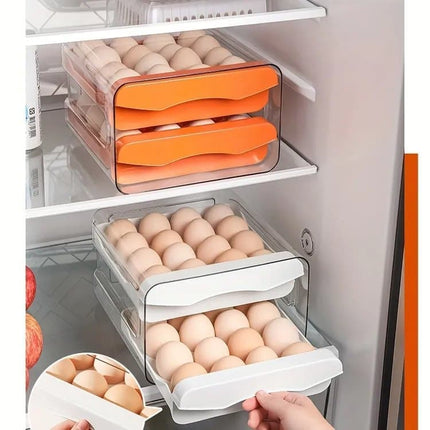 32-pcs XL Egg Storage Container for Refrigerator, Double Layer Transparent Egg Holder Dispenser, Stackable, Gray.