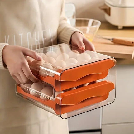 32-pcs XL Egg Storage Container for Refrigerator, Double Layer Transparent Egg Holder Dispenser, Stackable, Gray.