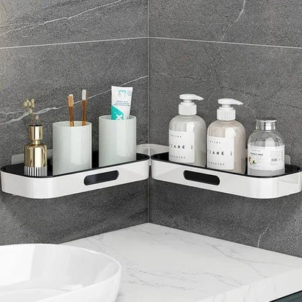 Rotatable Shower Shelf Self-Adhesive Bathroom Storage Shelf in Gray or White.