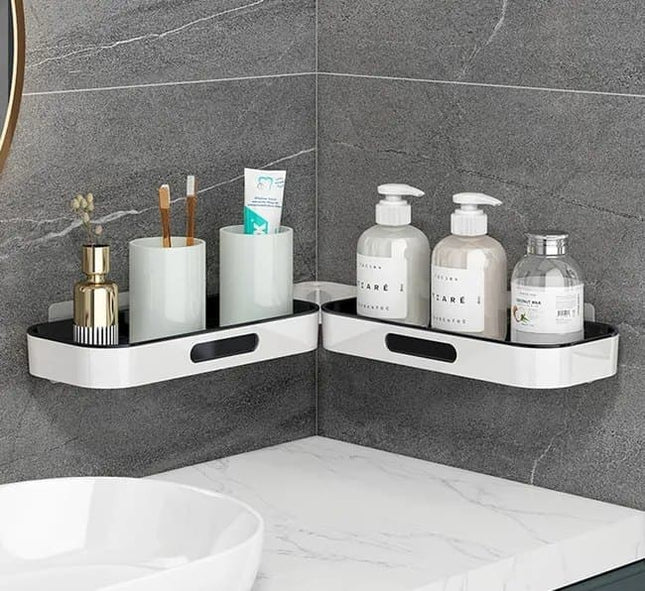 Rotatable Shower Shelf Self-Adhesive Bathroom Storage Shelf in Gray or White.
