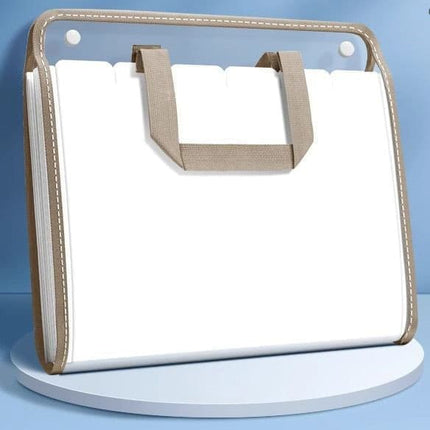 13 Compartments A4 Document Folder, Transparent Waterproof with Snaps, Light Brown, Compatible with Office Supplies.