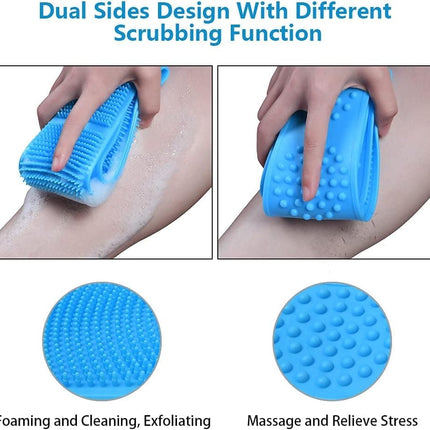 Silicone Body Brush Back Scrubber for Women and Men, Soft Exfoliating Bath Shower Brush with Massage Particles, Blue.