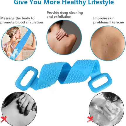 Silicone Body Brush Back Scrubber for Women and Men, Soft Exfoliating Bath Shower Brush with Massage Particles, Blue.