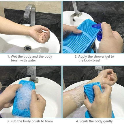 Silicone Body Brush Back Scrubber for Women and Men, Soft Exfoliating Bath Shower Brush with Massage Particles, Blue.
