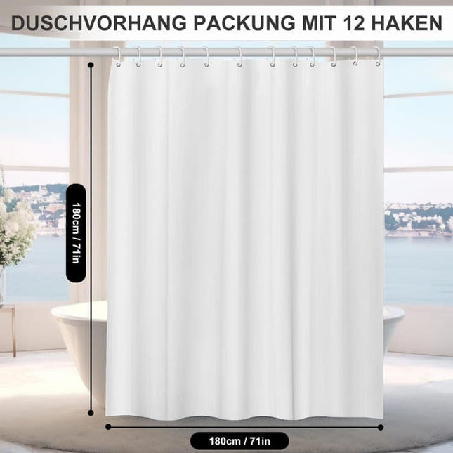 White Waterproof Shower Curtain for Bathroom, 180x180 cm, Mildew Resistant PEVA with 12 Hooks.