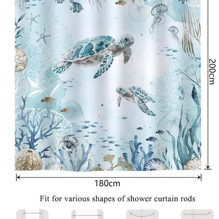 Waterproof Polyester Shower Curtain with Sea Turtle and Dolphin Motif, Mildew Resistant, Light Blue, 180x200 cm.