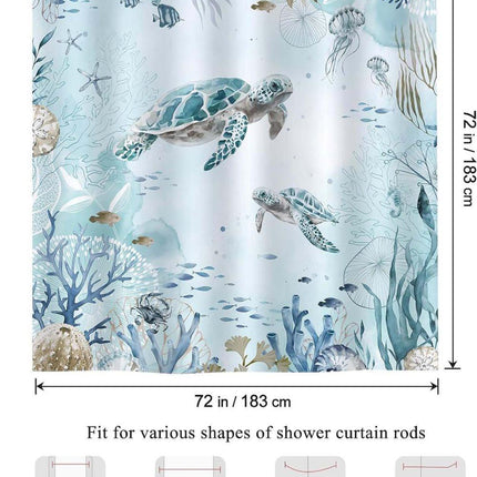 Waterproof Polyester Shower Curtain with Sea Turtle and Dolphin Design, Mildew Resistant, Light Blue, 180x180 cm.