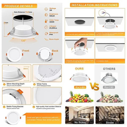 4 pcs LED Spotlight Waterproof IP44 Neutral White Light 4000K, Ultra Thin Design for Bathrooms and Living Rooms.
