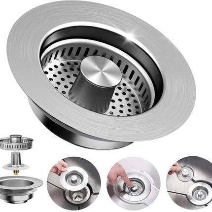 3-in-1 Stainless Steel Sink Strainer with Removable Basket, Easy to Clean Kitchen Strainer.