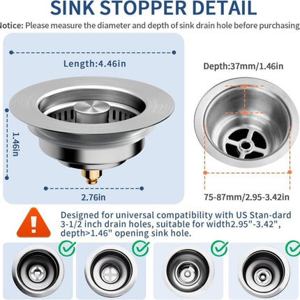 3-in-1 Stainless Steel Sink Strainer with Removable Basket, Easy to Clean Kitchen Strainer.