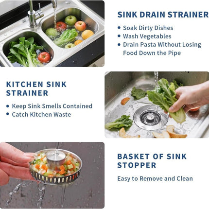 3-in-1 Stainless Steel Sink Strainer with Removable Basket, Easy to Clean Kitchen Strainer.