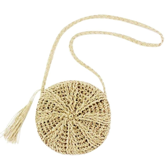 Retro style round straw beach bag, white, perfect for summer.