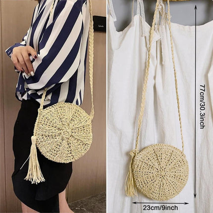 Retro style round straw beach bag, white, perfect for summer.