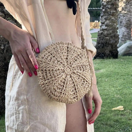 Retro style round straw beach bag, white, perfect for summer.