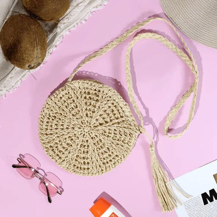 Retro style round straw beach bag, white, perfect for summer.