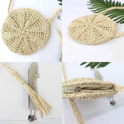 Retro style round straw beach bag, white, perfect for summer.