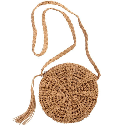 Retro style beach bag round shoulder straw bag for summer, brown, perfect for beach.