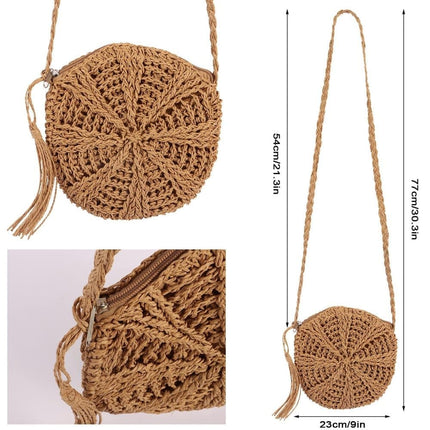 Retro style beach bag round shoulder straw bag for summer, brown, perfect for beach.