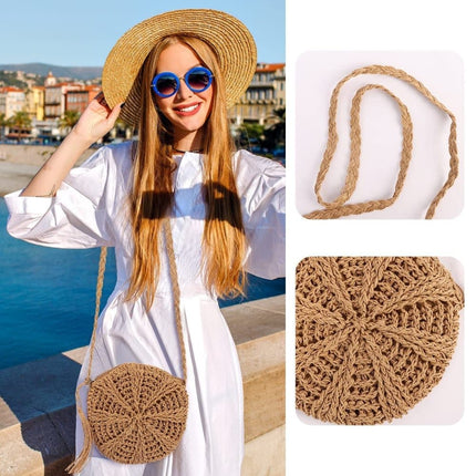 Retro style beach bag round shoulder straw bag for summer, brown, perfect for beach.