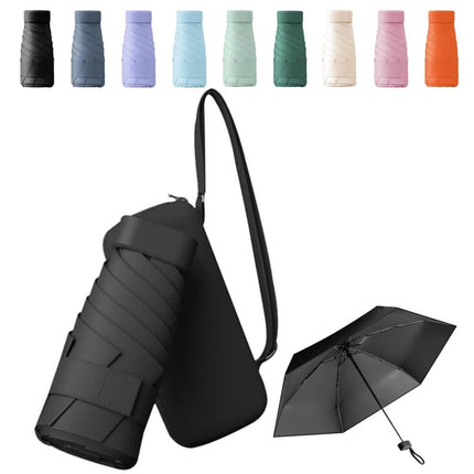 6-Fold Mini Umbrella with Storage Box, Ultralight Folding Pocket Umbrella for Sun and Rain UV Protection, Black.