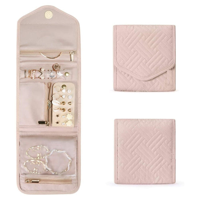 Pink Travel Jewelry Box with Compartments, 15cm, Compact Jewelry Storage Bag Easy to Carry in Your Bag.