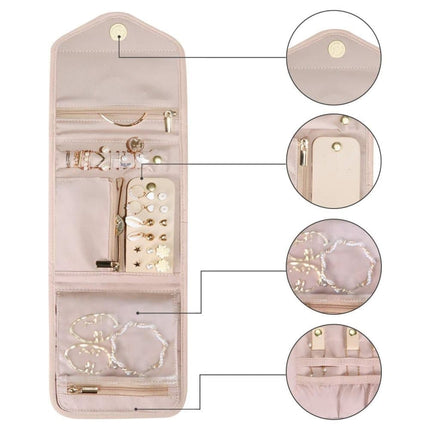 Pink Travel Jewelry Box with Compartments, 15cm, Compact Jewelry Storage Bag Easy to Carry in Your Bag.