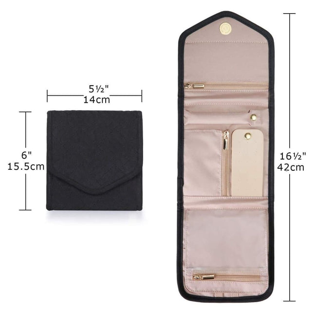 Travel Jewelry Box Compact Jewelry Storage Bag with Compartments for Easy Carry, 15cm, Black.