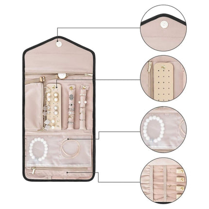 Black Travel Jewelry Box with Compartments, 23cm, Compact Jewelry Storage Bag Easy to Carry in Your Bag.