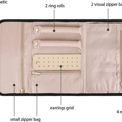 Black Travel Jewelry Box with Compartments, 23cm, Compact Jewelry Storage Bag Easy to Carry in Your Bag.
