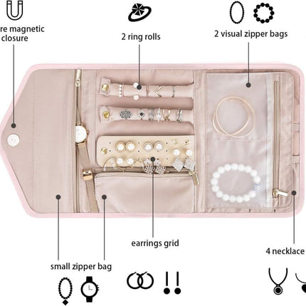 Compact Travel Jewelry Box with Compartments, Pink, 23cm.