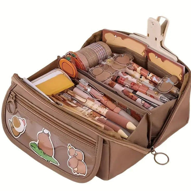 Large Waterproof Pencil Case with Zipper, Multifunctional Travel Pencil Box for Students & Office, Brown.