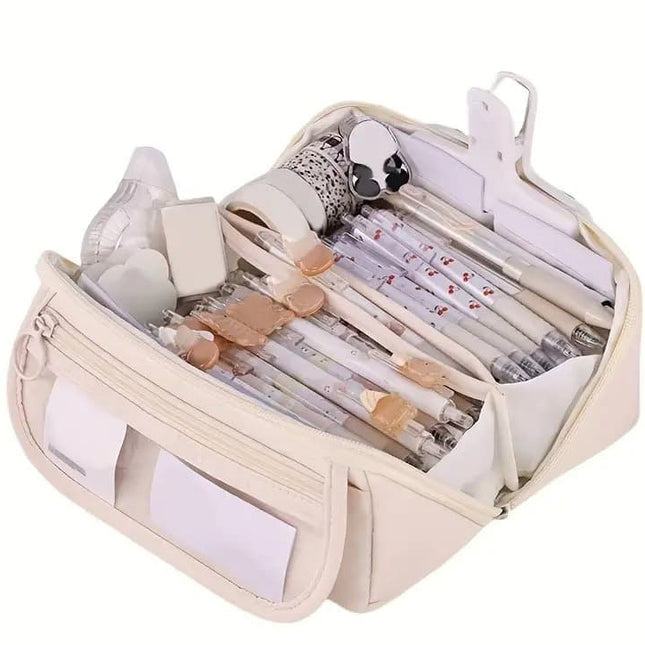 Large Waterproof Pencil Case with Zipper, Multifunctional Travel Pencil Box for Students & Office, Beige.