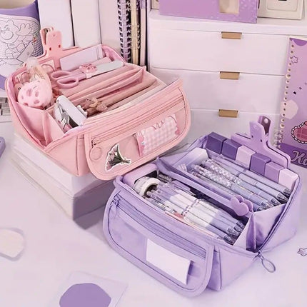 Large Waterproof Pencil Case with Zipper, Multifunctional Travel Pencil Box for Students & Office, Beige.