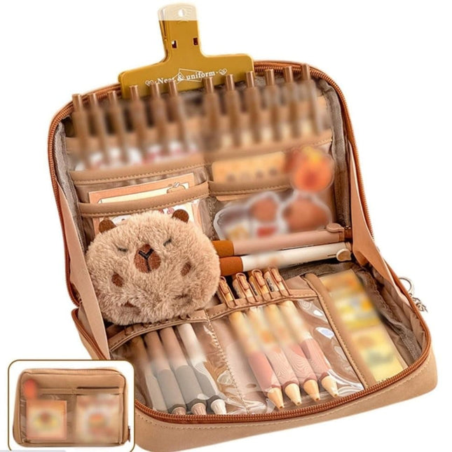 1 Pack Stylish Zipper Pencil Case Large Capacity Multifunctional Travel Pencil Box for School and Office, Brown.