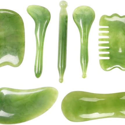 7-piece Gua Sha Set, Resin Facial and Body Massage Tool for Face Legs Back, Green.