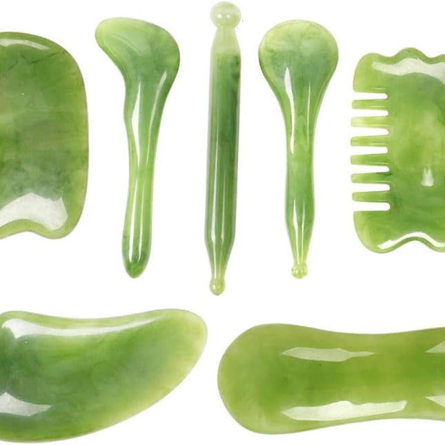 7-piece Gua Sha Set, Resin Facial and Body Massage Tool for Face Legs Back, Green.
