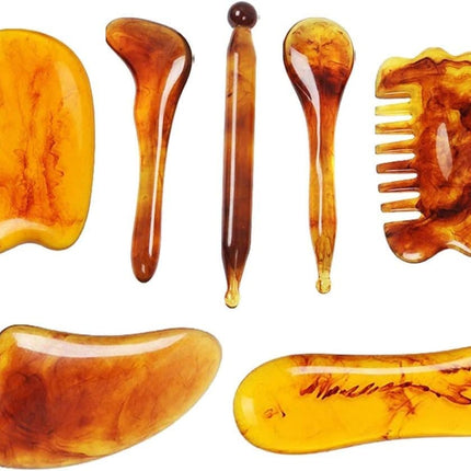 7-piece Gua Sha Set, Resin Facial and Body Massage Tool for Face Legs Back, Gold.
