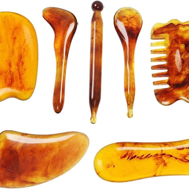 7-piece Gua Sha Set, Resin Facial and Body Massage Tool for Face Legs Back, Gold.