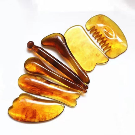 7-piece Gua Sha Set, Resin Facial and Body Massage Tool for Face Legs Back, Gold.