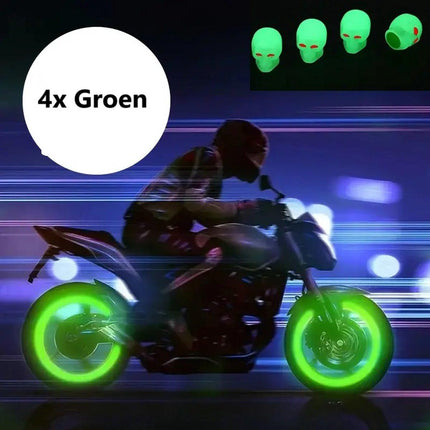 Glow In Dark Valve Caps | Car Valve Cap | Skull | Also For Motorcycle, Bicycle, Scooter | Set of 4 | Green.
