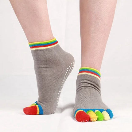 Full Toe Yoga Socks | Full Toe Yoga Sock | With Anti-Slip Bottom | Anti-Slip Socks | Pilates Socks | Size 36-40 | Grey with Colors.