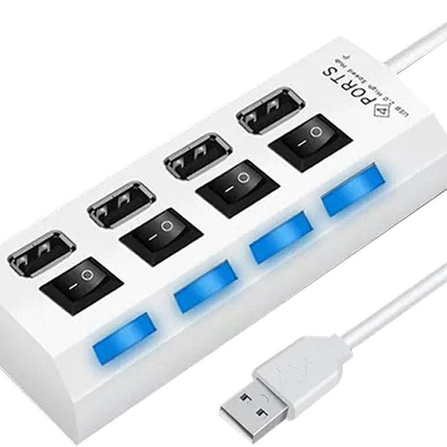 HI Speed 4-Port USB 2.0 Hub I Hub Splitter I On/Off Switch I LED I Up to 480 MB/s I White.