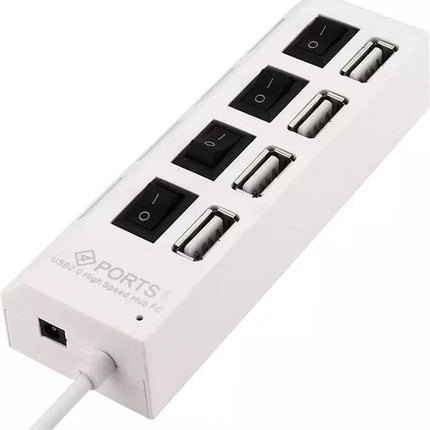HI Speed 4-Port USB 2.0 Hub I Hub Splitter I On/Off Switch I LED I Up to 480 MB/s I White.
