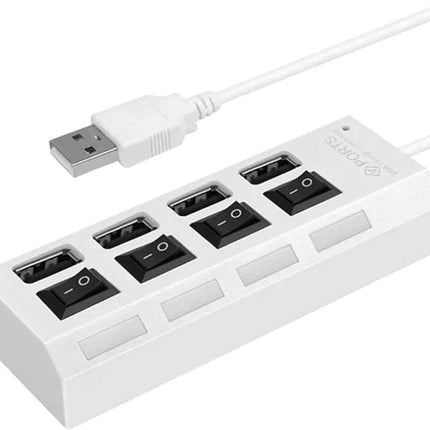 HI Speed 4-Port USB 2.0 Hub I Hub Splitter I On/Off Switch I LED I Up to 480 MB/s I White.