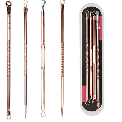 4-Piece Set of Comedone Spoons | Blackhead & Acne Removal | Acne | Comedone Spoon | Comedone Extractor | Pimple Removal | Stainless Steel | Rose Gold.